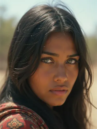 deep super-bright sunlight-blue hazel green eyes, Avatar movie, Profile shot, Dark mexican brazilian latino Pakistan black poor third-country young woman, wearing an african turban facial, looking at 