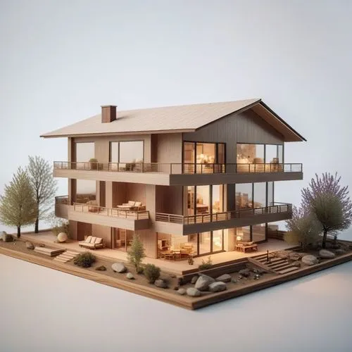 an illustrated model of a house is shown,miniature house,model house,render,wooden mockup,renders,mid century house,wooden house,cubic house,wooden construction,timber house,dolls houses,cube stilt ho