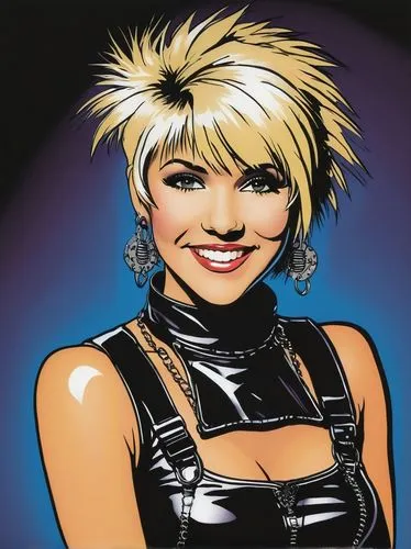 Draw a cute punk character with a bright smile.
Samantha Fox ,dazzler,palmiotti,sandahl,liefeld,bulletgirl,spiegle,namora,cyndi,illyana,zadora,xuxa,grummett,debbi,madripoor,trish,gennifer,namorita,cha