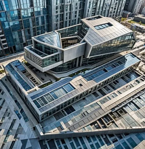  building color with futuristic architectural modern ,a very large building with many windows and some people,glass facade,glass facades,glass building,office buildings,interlace,modern architecture,p
