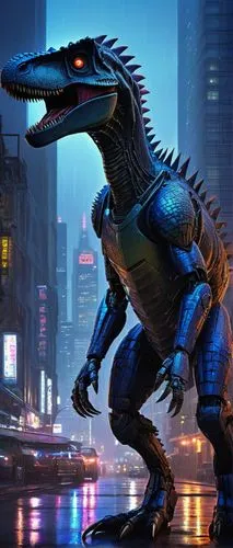 dinosaur, AI robot, futuristic, metallic body, glowing blue eyes, sharp teeth, spiky tail, standing, cityscape, skyscraper, neon lights, rainy night, misty atmosphere, cinematic composition, HDR, 3/4 