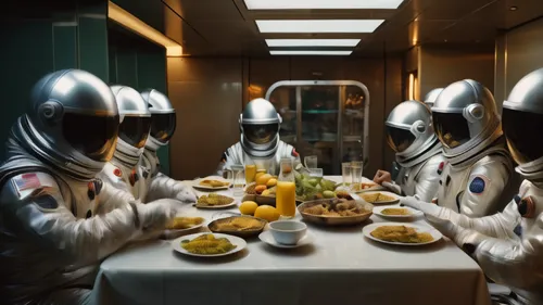 futuristic sunday dinner wearing spacesuits in mumbai, in the style of the photography book “The Suffering of Light” by photographer Alex Webb. Master photo with excellent light, color and composition
