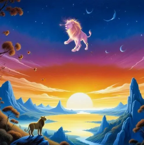 a majestic lion stands its golden head, holding a golden seed in its limbs. The sun's warm rays cast a delicate glow on the forest below, which is full of a peaceful landscape. A gentle breeze rustles