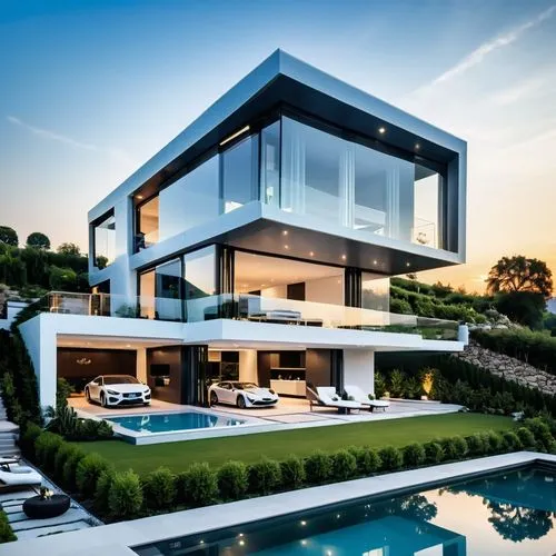 Modern mansion, sleek design, embedded advanced technology throughout, walls of smart glass transitioning from transparent to opaque, minimalist interior with voice-controlled home automation stations