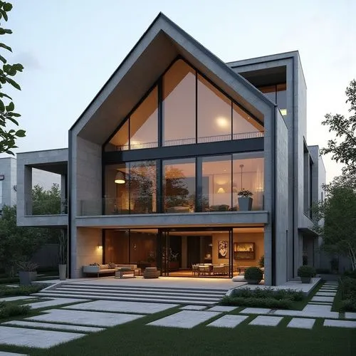 A hyper-realistic, high-resolution architectural photograph of a contemporary, two-story luxury home featuring a prominent A-frame roofline and a striking, double-height glass façade. The exterior wal