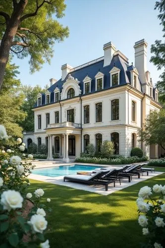 Elegant French-inspired luxury mansion with a cream stucco facade, ornate classical moldings, and tall black-framed windows. The building features a steep mansard roof with dark slate tiles and decora