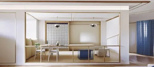 a white table sits in the middle of a room,bamboo curtain,home interior,search interior solutions,interior decoration,room door,beauty room