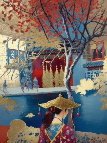 Китайский павильон,a painting of a woman and man with a hat by a tree,oriental painting,geisha girl,spring festival,cool woodblock images,wall painting,japan landscape