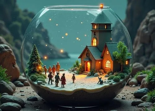 **32k HD wallpaper, High-quality, HDR smart, photo-realistic, high definition, hyper-realistic, Full-shot, Super-designed model kit of a festive miniature Christmas village, set inside a clear glass b