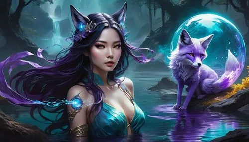 Female figure , reclined by a body of water, in a dark-purple and black,  lying near a teal-colored body of water. She has one yellow eye and one purple eye. Long, dark hair,  A small,  purple-colored