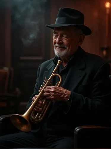 An elderly jazz musician sitting on a dimly lit stage. He cradles his weathered trumpet, his fingers resting gently on the valves. His eyes are closed as he loses himself in the music, and deep lines 