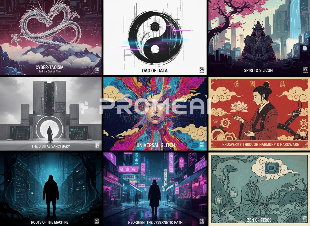 Ein Raster mit neun verschiedenen Plakatvarianten für ein Cyber-Taoismus-Konzept, das die Geschwindigkeit der Iteration von PromeAI demonstriert.