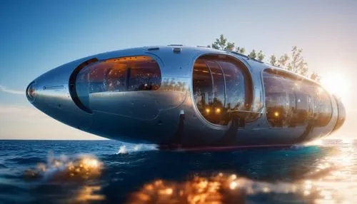 Design marine-inspired mobile pods  tech. ship inside,the large passenger ship is floating on top of the water,submersibles,submersible,bathysphere,diving gondola,hovercrafts,airstream,water bus,hover