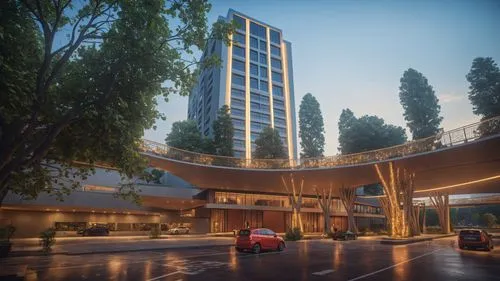 an architectural rendering of a building on the street,hotel complex,residential tower,hotel riviera,pan pacific hotel,penthouses,render,redevelop,futuristic architecture,golf hotel,luxury hotel,car s