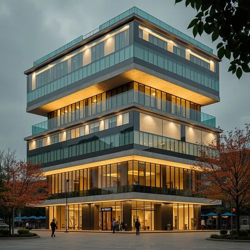 a building with people walking around in the evening,bankverein,office building,architekten,modern building,headquarter,commerzbank,floridsdorf,appartment building,tschumi,phototherapeutics,biozentrum