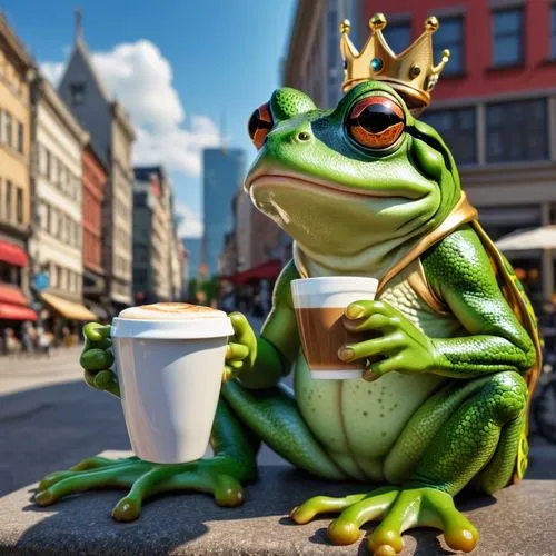 Frog queen in the city drinking coffee,frog king,frog prince,frog background,woman frog,green frog,jazz frog garden ornament,true frog,kermit the frog,man frog,frog man,frog figure,bull frog,kermit,ba