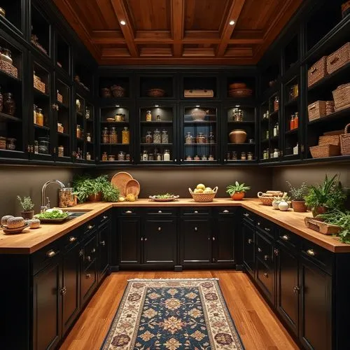 A luxurious and organized pantry with dark, rich cabinetry painted in matte black, featuring glass-front cabinets with integrated lighting that showcases neatly arranged jars, baskets, and preserved g