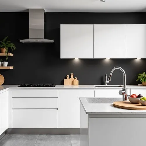 Modern kitchen with sleek white cabinetry and marble countertops. The space features a black accent wall with built-in appliances, including an oven and a stovetop with a hood. A minimalist sink and f