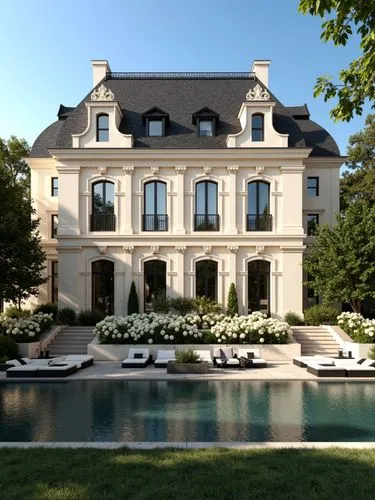 Elegant French-inspired luxury mansion with a cream stucco facade, ornate classical moldings, and tall black-framed windows. The building features a steep mansard roof with dark slate tiles and decora