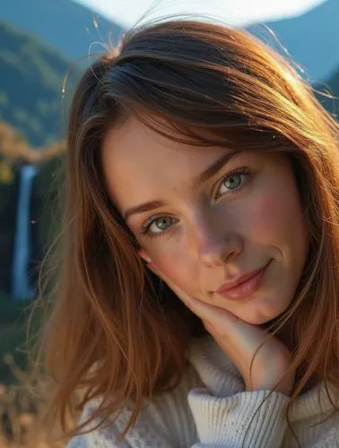 An oil paint portrait of a beautiful Caucasian young woman with long brown hair, 21 years old, holding her face gently with a fist, smiling warmly. She is wearing a white top with a neckline. The scen