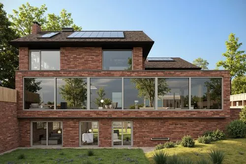 A modern, two-storey brick house with a large, rectangular glass window on the second floor. the house has a dark brown tiled roof and a wooden fence on the left side. The front of the house is visibl