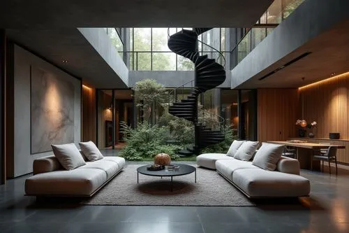 Italian Modern interior design in the style of aesthetics, Poliform Furniture style，Premium and Luxury， Exquisite, modern， large windows， The living room is adorned with elegant sofa sets, Large space