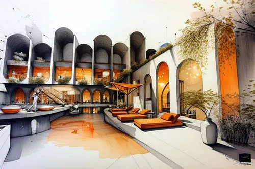 an artistic rendering of a spa house with orange and white furnishings,school design,sky space concept,renovation,hotel riviera,concept art,watercolor tea shop,dormitory,stage design,lofts,penthouses,