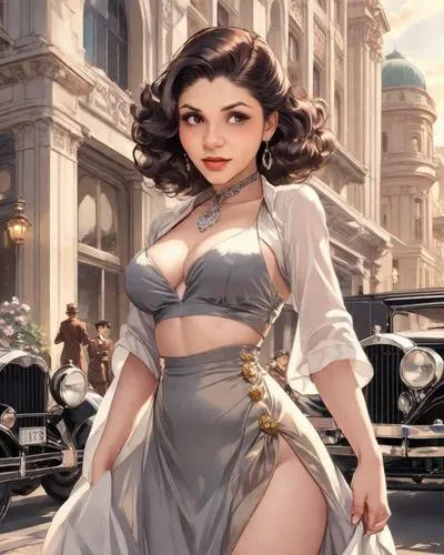 a pretty girl wearing a dress and stockings posing in front of an old car,margairaz,romanova,messalina,rockabella,dita,contessa