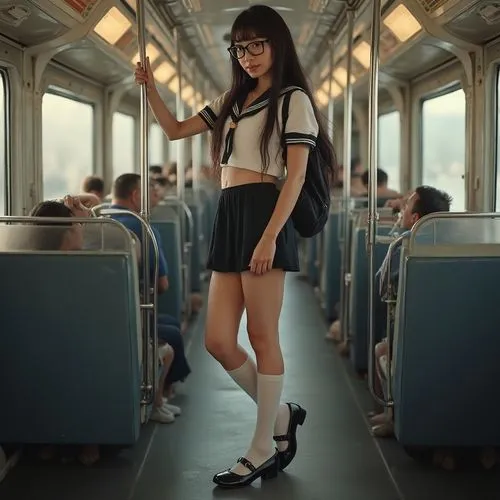 young woman with long skirt standing on train,knee-high socks,school skirt,the girl at the station,train ride,retro girl,black shoes,sailor,miniskirt,train,subcultures,public transportation,miniskirts