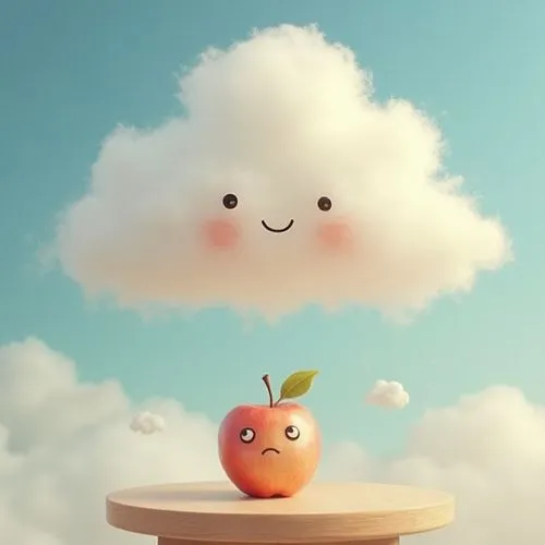 fluffy the cute cloud with bright eyes floating in sky and a cute apple with smiling face  placed on small table looking at fluffy ,a cloud is above a small apple sitting on a table,cloudmont,cloud mu