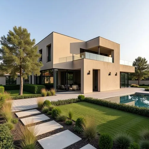 casa con estilo contemporaneo con adobes de tierra llena de vegatecion especies de olivos, aralias, muros verdes con tres modelos que se conectan armoniosamente,this home has two pools and a grass cov