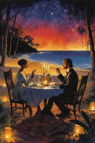 Create a romantic setting where Dondinho and his partner enjoy a candlelit dinner under the stars.,romantic dinner,romantic night,romantic scene,dinner for two,candle light dinner,romantic meeting,rom