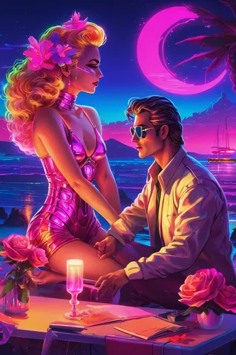 Imagine a romantic evening by the seashore, with a couple admiring a seerose's beauty.,romantic dinner,romantic night,neon cocktails,romantic scene,valentines day background,80s,romantic meeting,seren