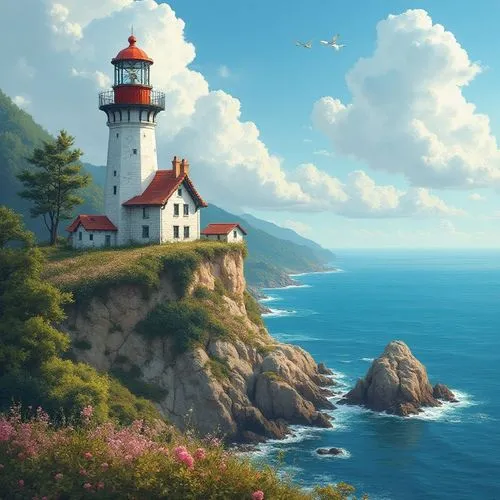a lighthouse on a cliff overlooking the sea with trees and flowers around it,a lighthouse on a rocky coast,lighthouse,lighthouses,red lighthouse,light house,electric lighthouse,world digital painting,