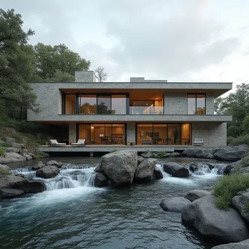  ,a house that looks like it has the water flowing down,house by the water,house with lake,fallingwater,modern house,house in the mountains,house in mountains,modern architecture,beautiful home,forest