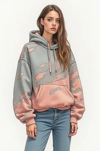 Fashion product design sheet, a super Dalian hoodie, using Balenciaga style, shoulders and fat sleeves, tight ribs, symmetrical splicing structure, waste earth style, futurism, knitted fabrics washed 