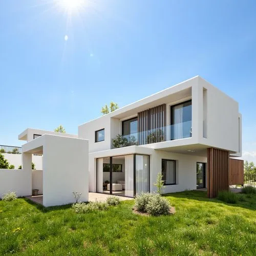 A photo-realistic shoot from a low angle about a modern two-story white house with large glass windows and a balcony, set against a bright blue sky. the image also shows a well-manicured lawn and a fe