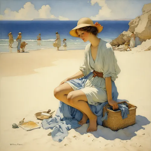 In a peaceful beach setting, a revolutionary background eraser magically removes elemets from photos.,woman with ice-cream,panama hat,beach landscape,breton,girl with bread-and-butter,laundress,the be
