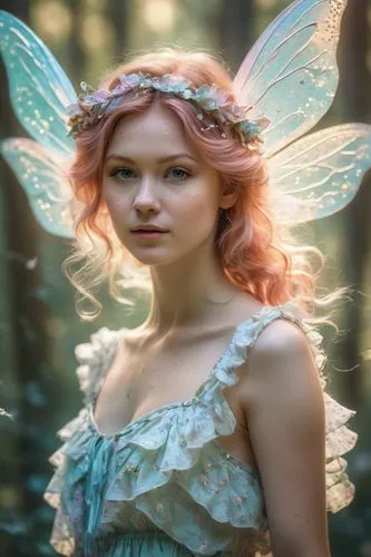 shabby chic dreamy glow pastel woodland freckled fairy girl swirling magical fairytale abstract ArtStation style,a beautiful young lady with red hair wearing a fairy costume,faery,faerie,faeries,fairy