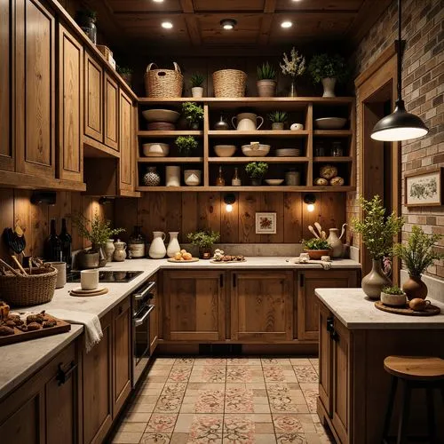 Rustic pantry, distressed wood cabinetry, vintage hardware, ornate metalwork, earthy tones, warm ambient lighting, natural stone countertops, wooden utensils, woven baskets, floral patterns, soft brus
