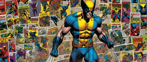 a comics character standing in front of a wall of comic book covers,superhero background,wolverine,x men,comic books,marvel comics,comic book,eradicator,comic hero,legionnaires,superhero comic,comic c