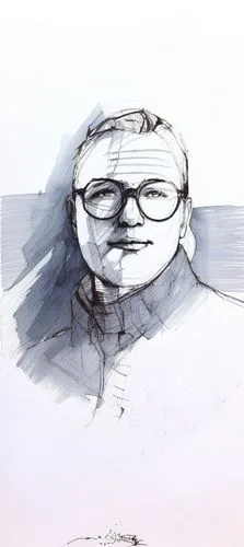 a drawing of a man's face in black and white,caricature,caricatured,elderly man,artist portrait,reading glasses,bespectacled