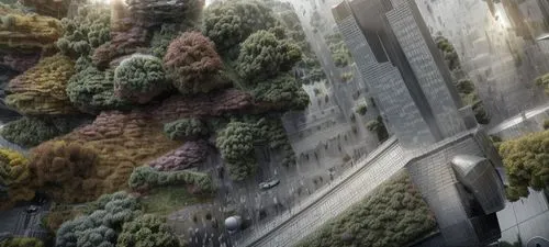 roof landscape,insurgent,above the city,shinjuku,urban landscape,vertigo,overpass,render,highline,futuristic landscape,post-apocalyptic landscape,wall,hedge,skyscraper,tokyo,aerial landscape,3d render