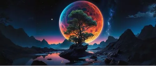 an artist's depiction of a full moon setting,fire planet,gas planet,alien planet,planet alien sky,fantasy picture,burning earth,pyre,planet,planet eart,volcanic,samuil,nebula guardian,alien world,burn