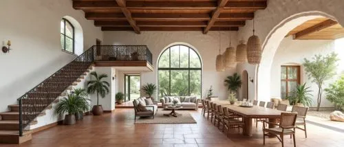Rustic Mediterranean-style double-height living room, textured white stucco walls, exposed wooden ceiling beams, terracotta tiled floors, elegant wrought iron staircase leading to a mezzanine, large w