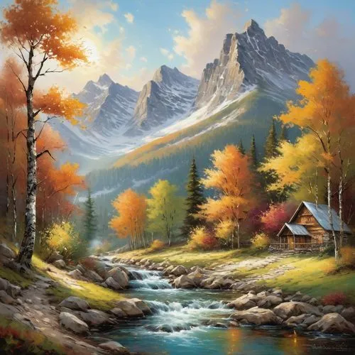 Capture a tranquil retirement image with a serene mountain landscape.,an image of a painting of mountains in autumn,landscape background,mountain scene,autumn landscape,autumn mountains,mountain lands