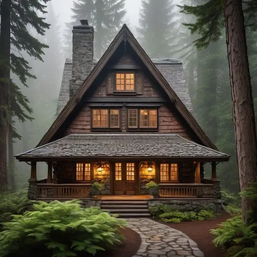 Northwest architecture style, rustic wooden cabin, stone foundation, steeply pitched roof, triangular gable, dormer windows, earthy brown color scheme, wooden shutters, ornate wooden door, lantern-sty