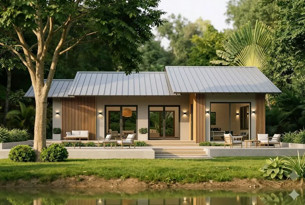 a house is shown next to water with trees