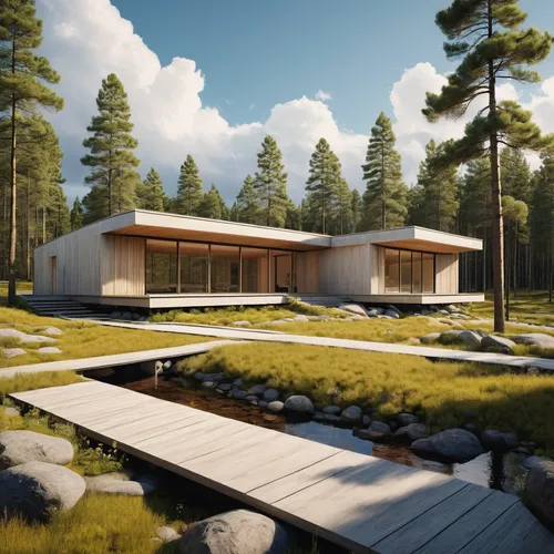 architecture, design elements, rendering, Light Uspscaler at Finnish landscape,3d rendering,mid century house,timber house,eco-construction,house in the forest,inverted cottage,prefabricated buildings