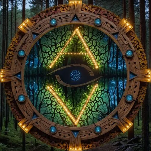 a digital art that is in a forest,all seeing eye,triad,esoteric symbol,triangles background,illuminate,hexagram,third eye,avatar,masonic,pentagram,sacred geometry,portal,alchemical,occult,alchemy,amul